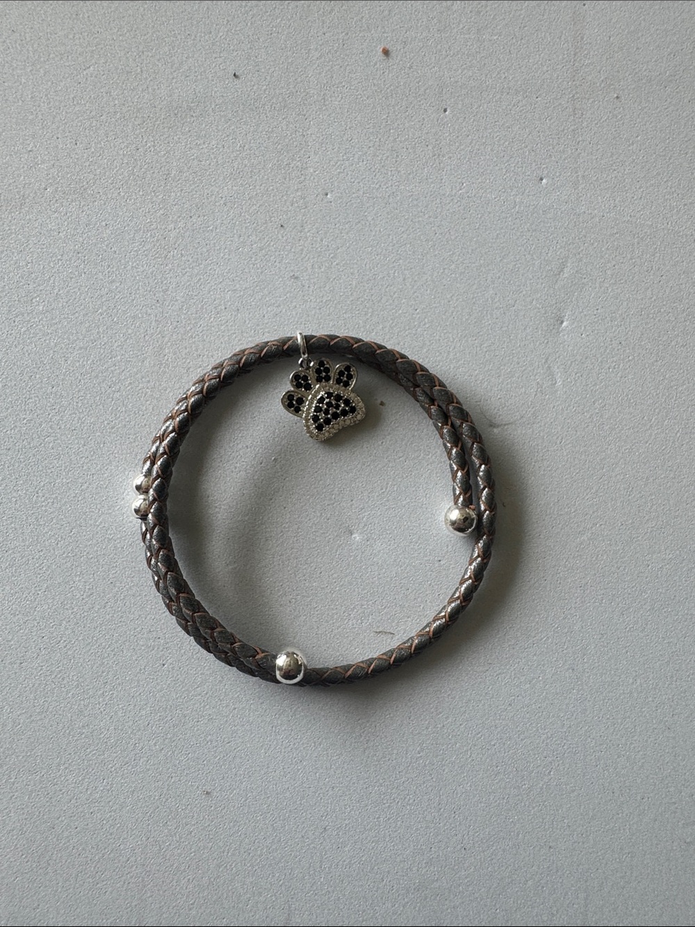 Braided Leather Wrap Bracelet with Paw Charm - Brown & Silver